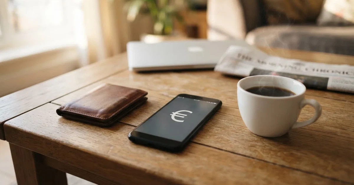 A smartphone on a wooden table beside a wallet and a coffee cup