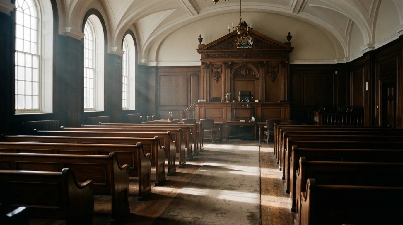 An empty courtroom with wooden benches in morning light