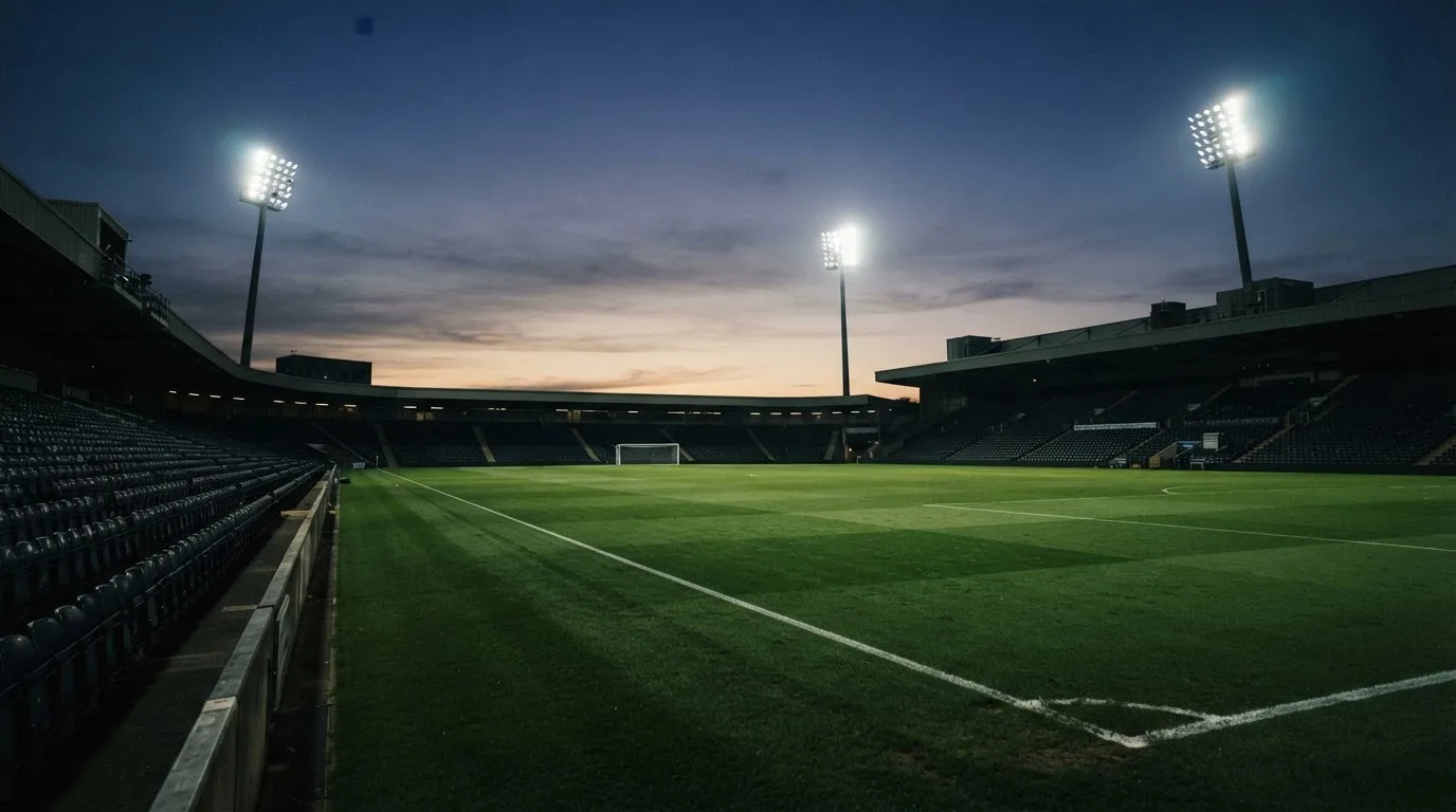 An empty football stadium with floodlight masts at dusk