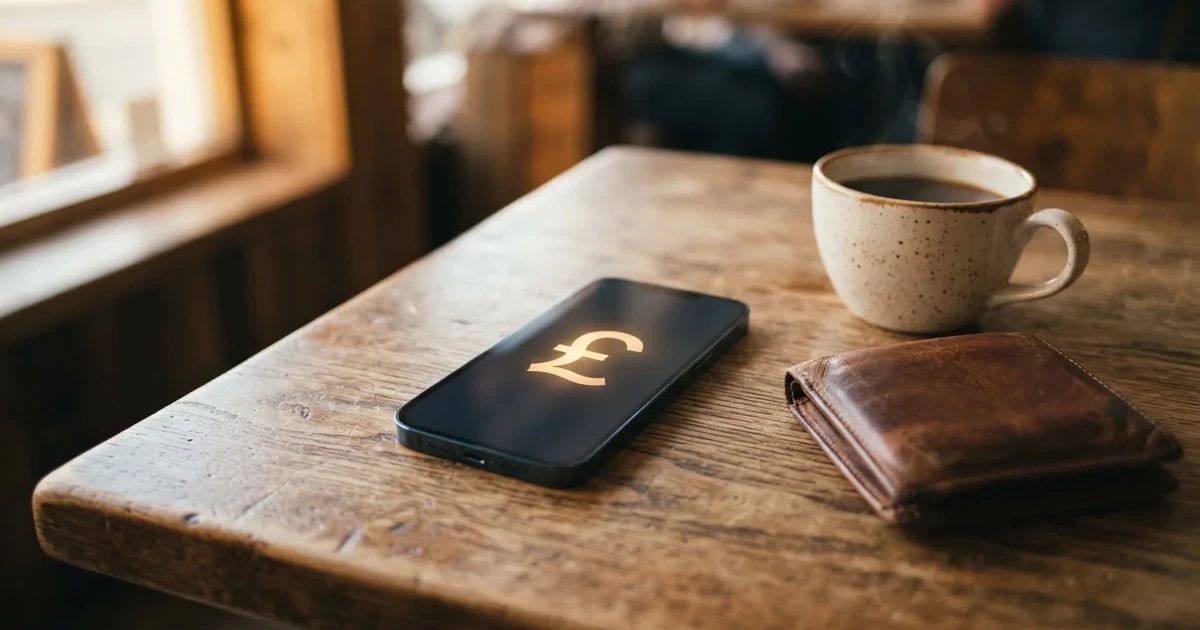 A smartphone on a wooden table beside a wallet and a coffee cup