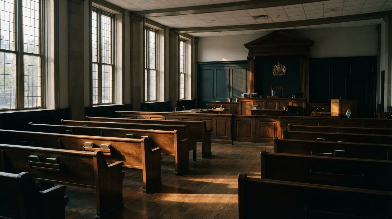 An empty courtroom with wooden benches in morning light