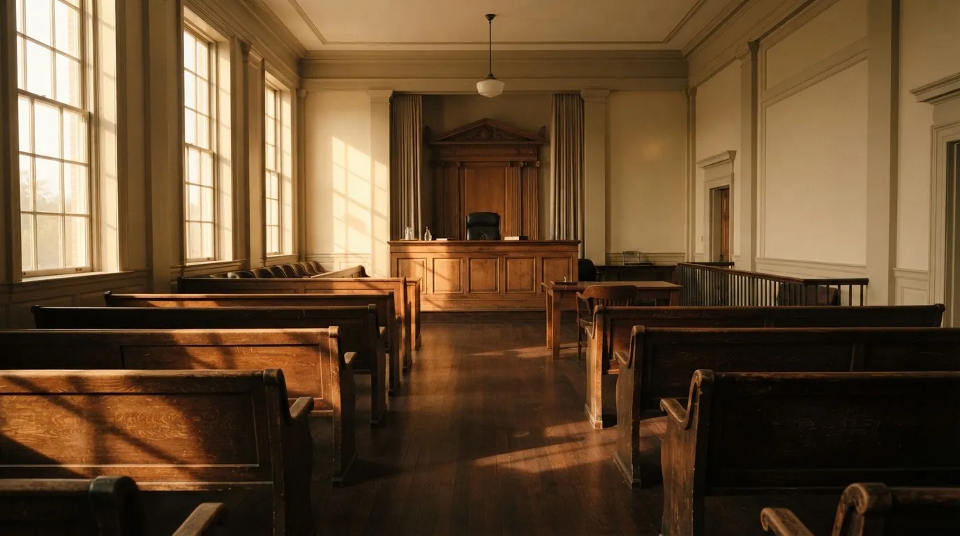 An empty courtroom with wooden benches in morning light