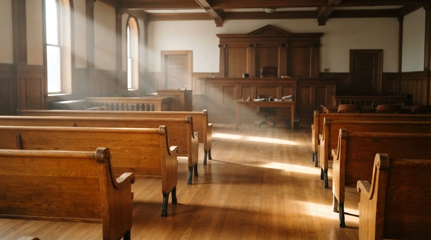 An empty courtroom with wooden benches in morning light