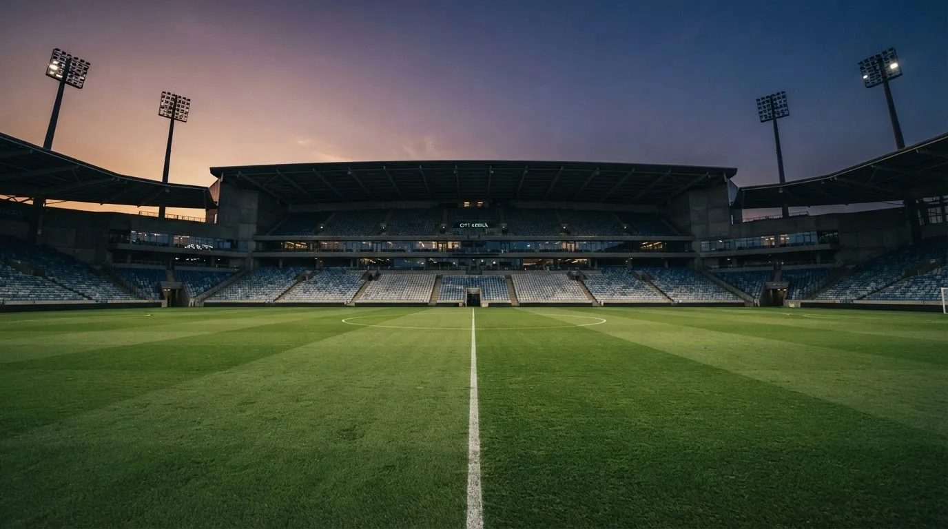 An empty football stadium with floodlight masts at dusk