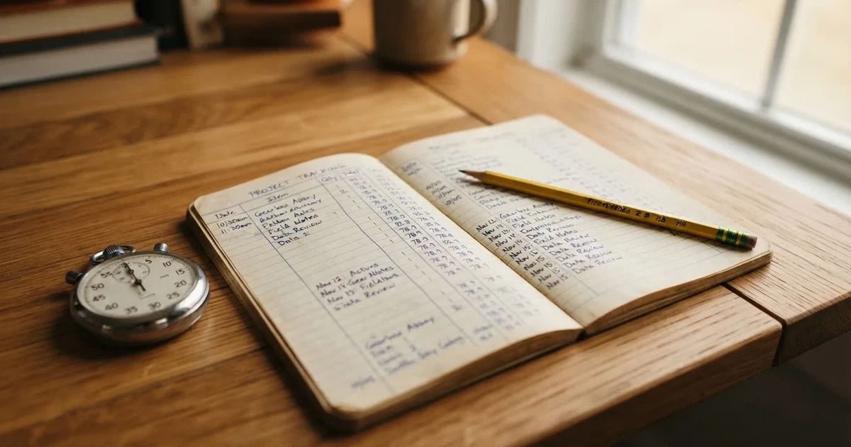 An open notebook with a pencil and a stopwatch on a wooden table