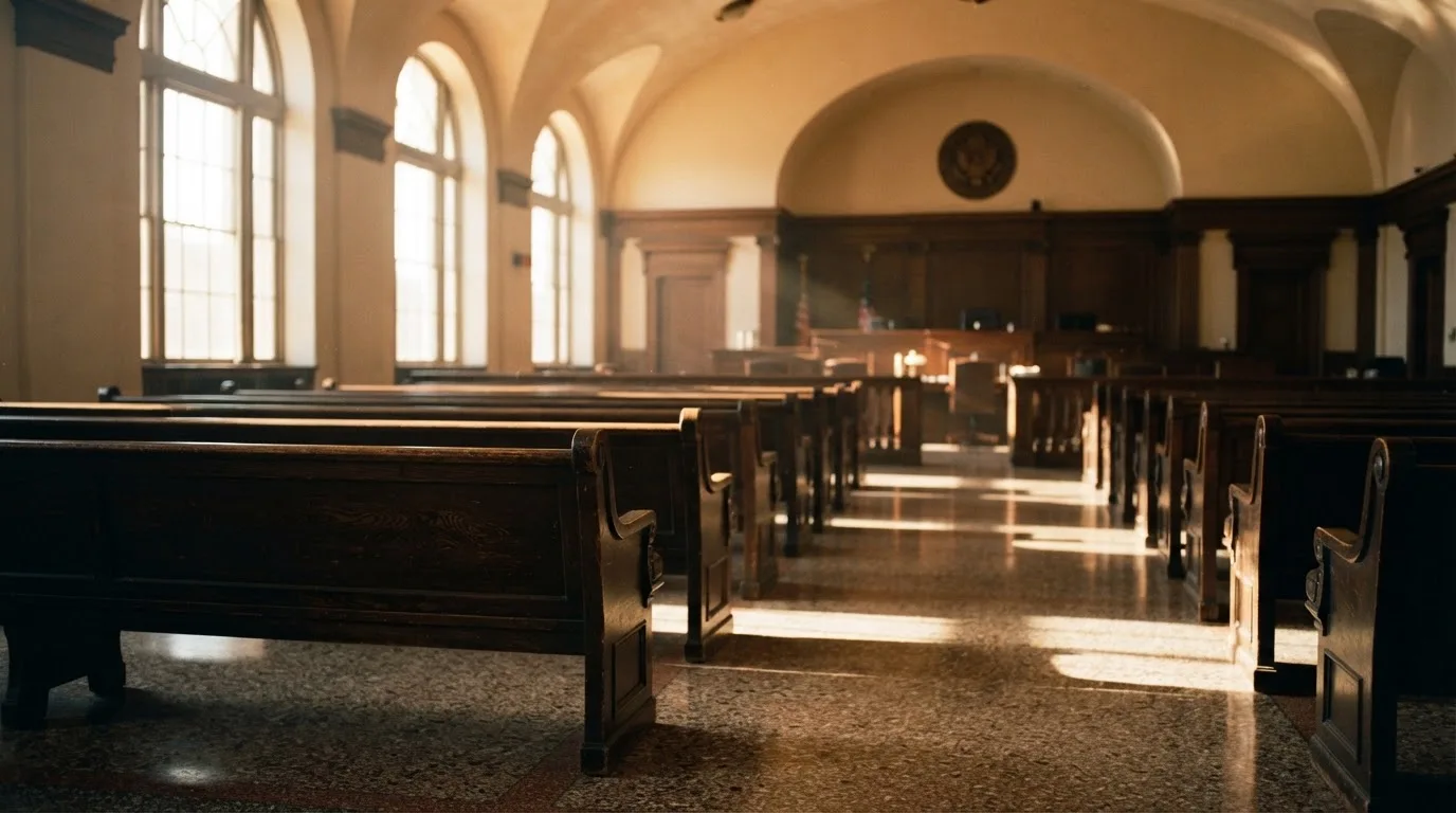 An empty courtroom with wooden benches in morning light