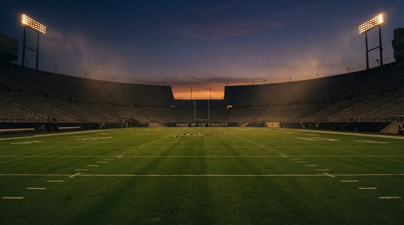 An empty football stadium with floodlight masts at dusk