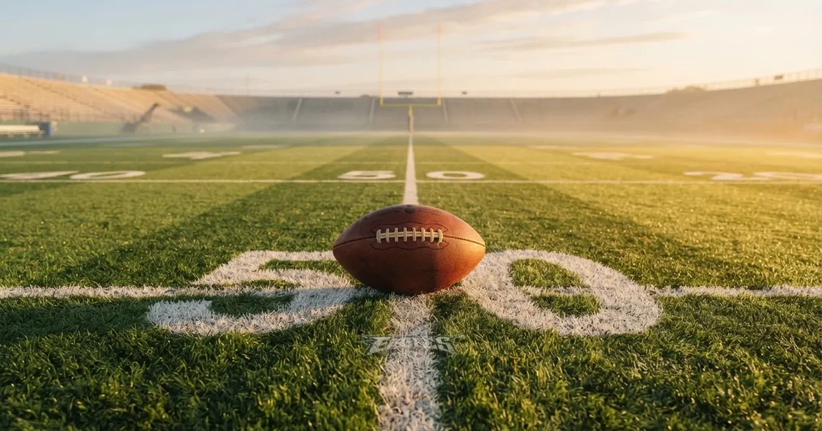 A ball on the centre spot of a grass pitch in morning light