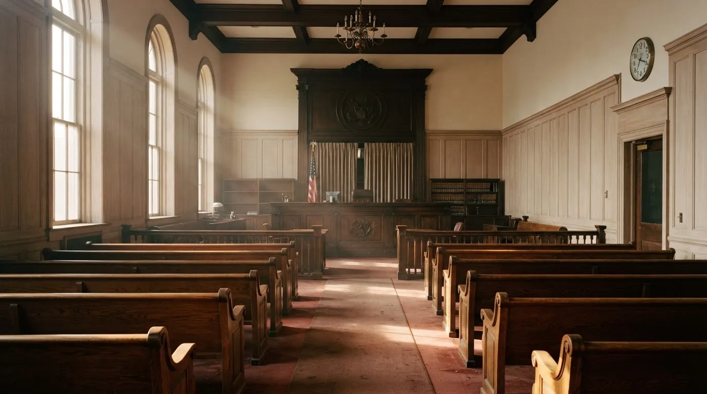 An empty courtroom with wooden benches in morning light