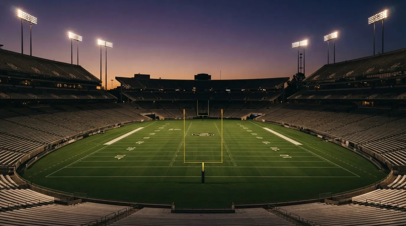 An empty football stadium with floodlight masts at dusk