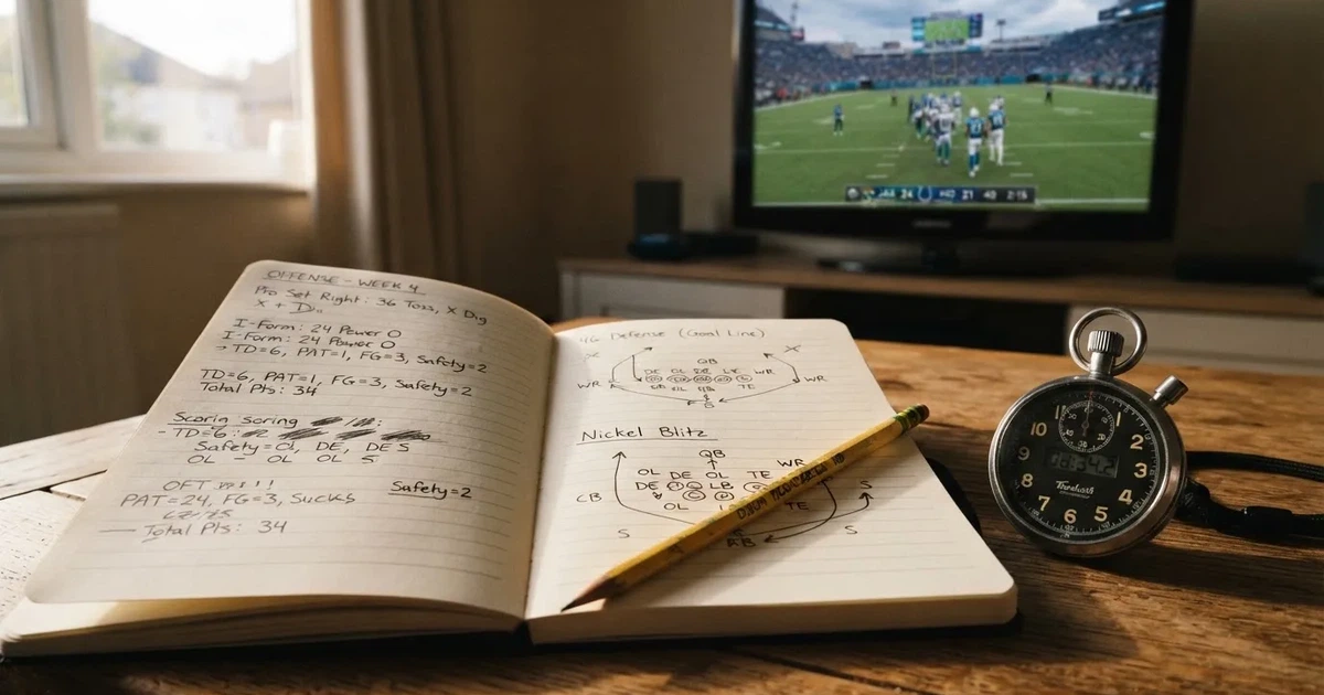 An open notebook with a pencil and a stopwatch on a wooden table
