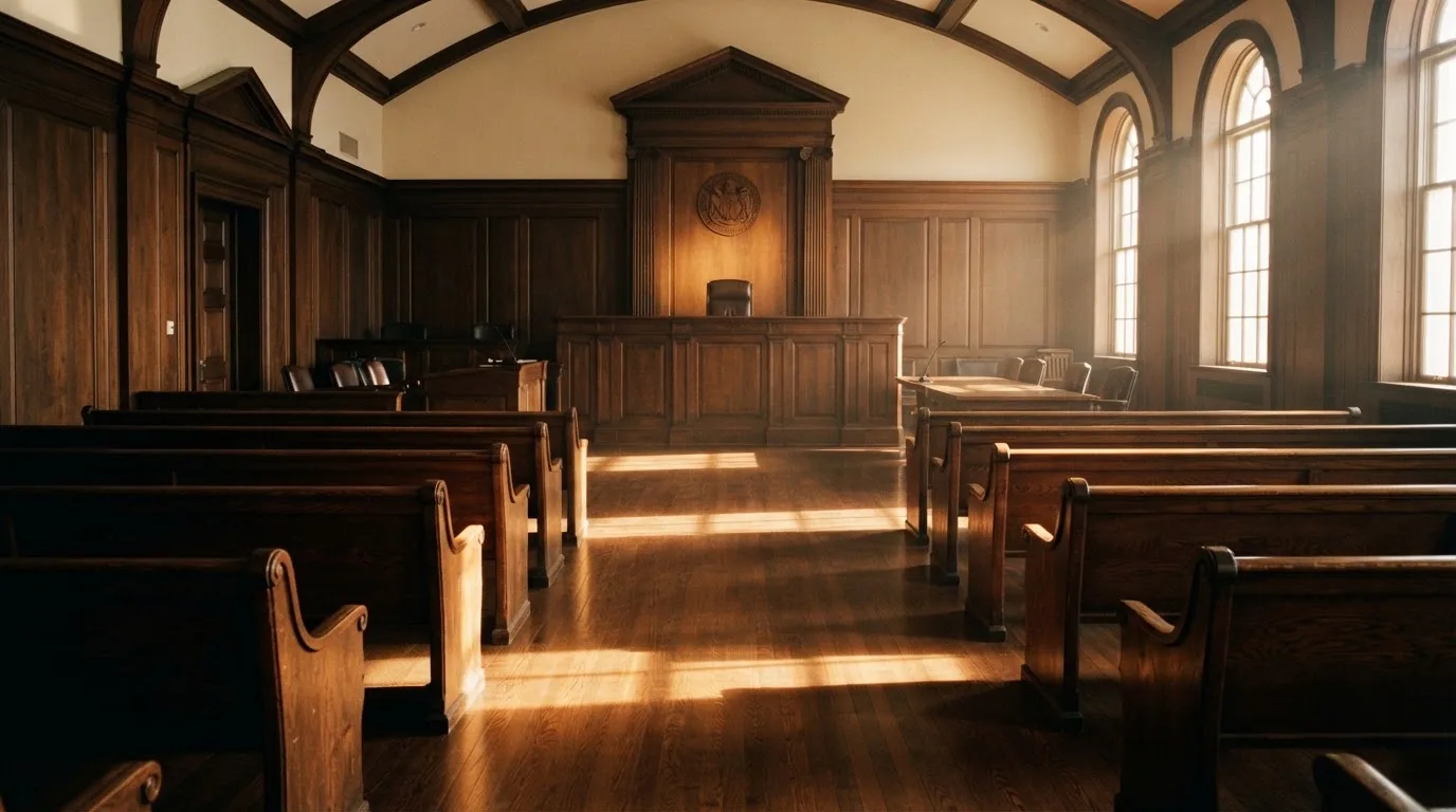 An empty courtroom with wooden benches in morning light