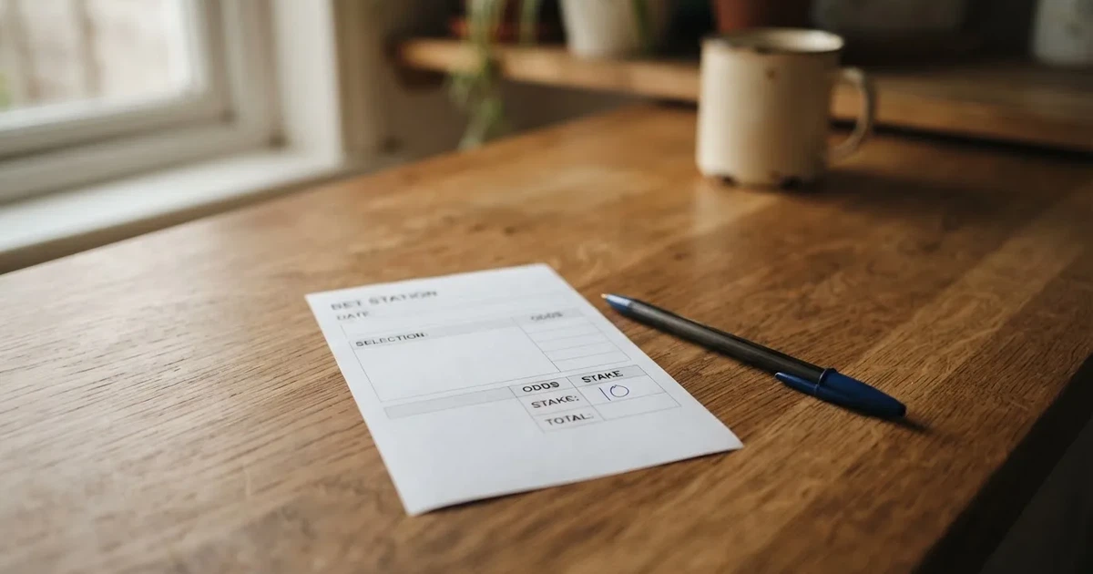 A blank paper betting slip beside a pen on a wooden counter