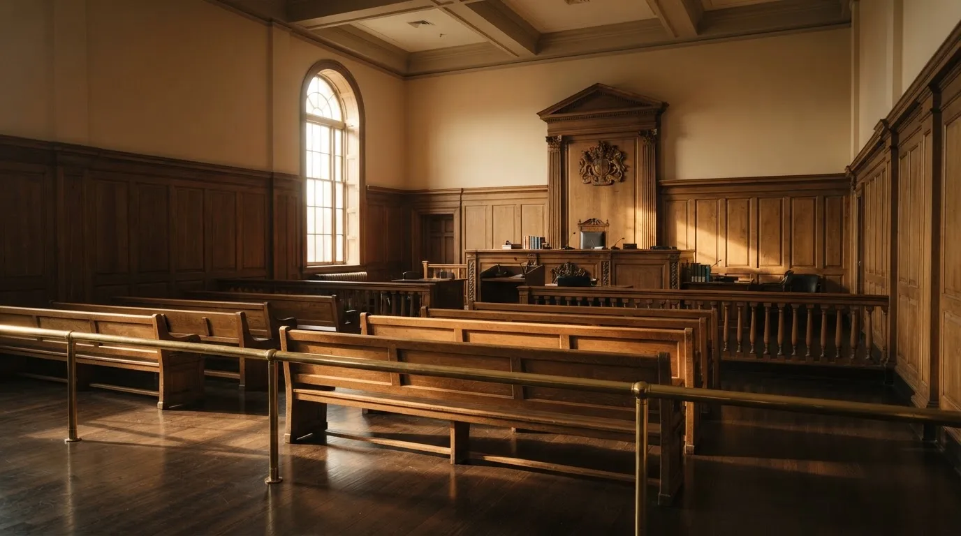 An empty courtroom with wooden benches in morning light