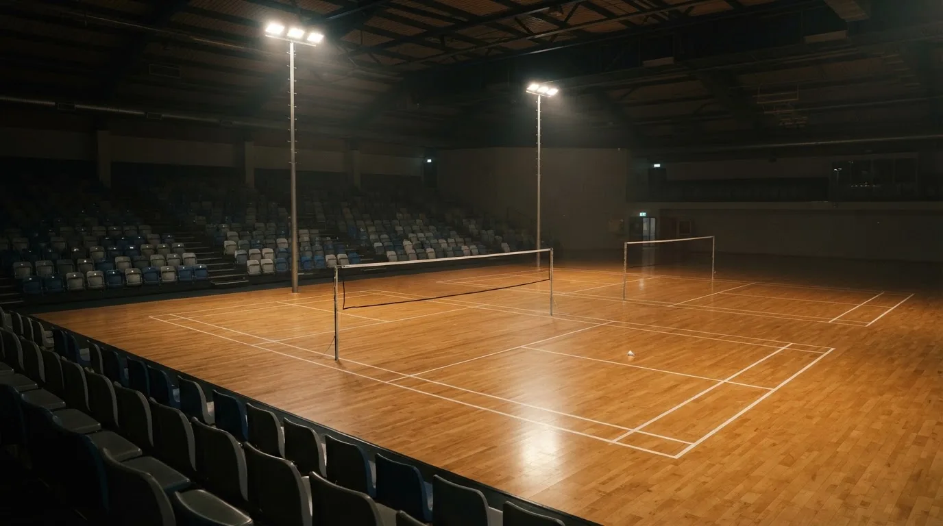 An empty football stadium with floodlight masts at dusk