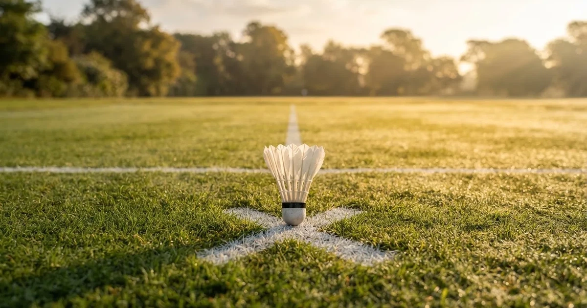 A ball on the centre spot of a grass pitch in morning light