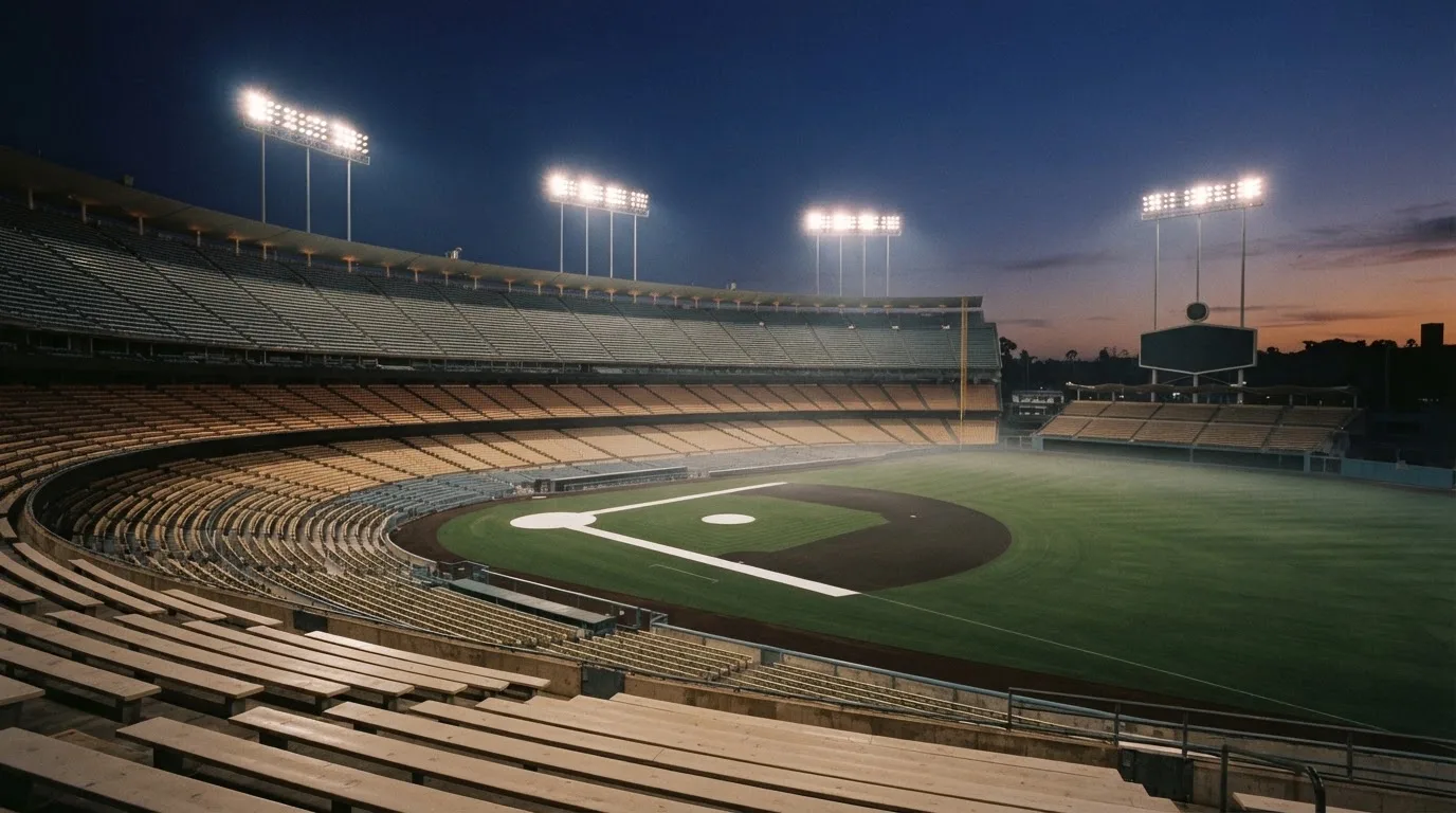 An empty football stadium with floodlight masts at dusk