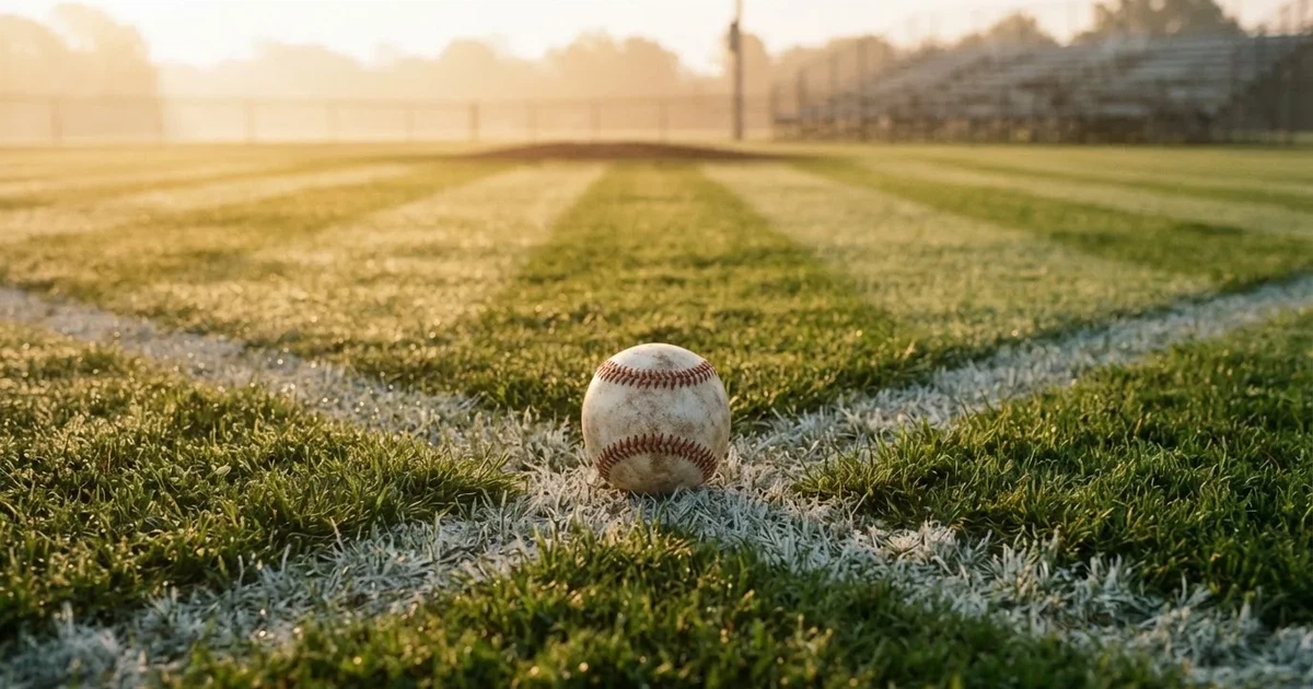 A ball on the centre spot of a grass pitch in morning light