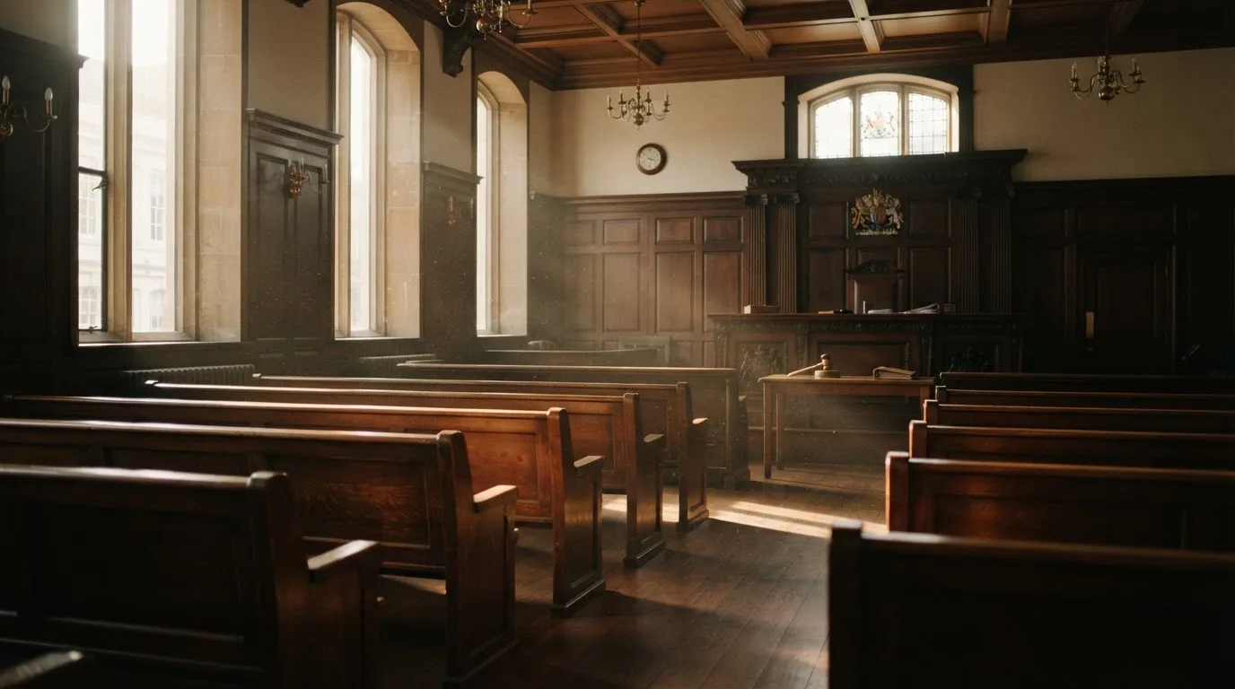 An empty courtroom with wooden benches in morning light