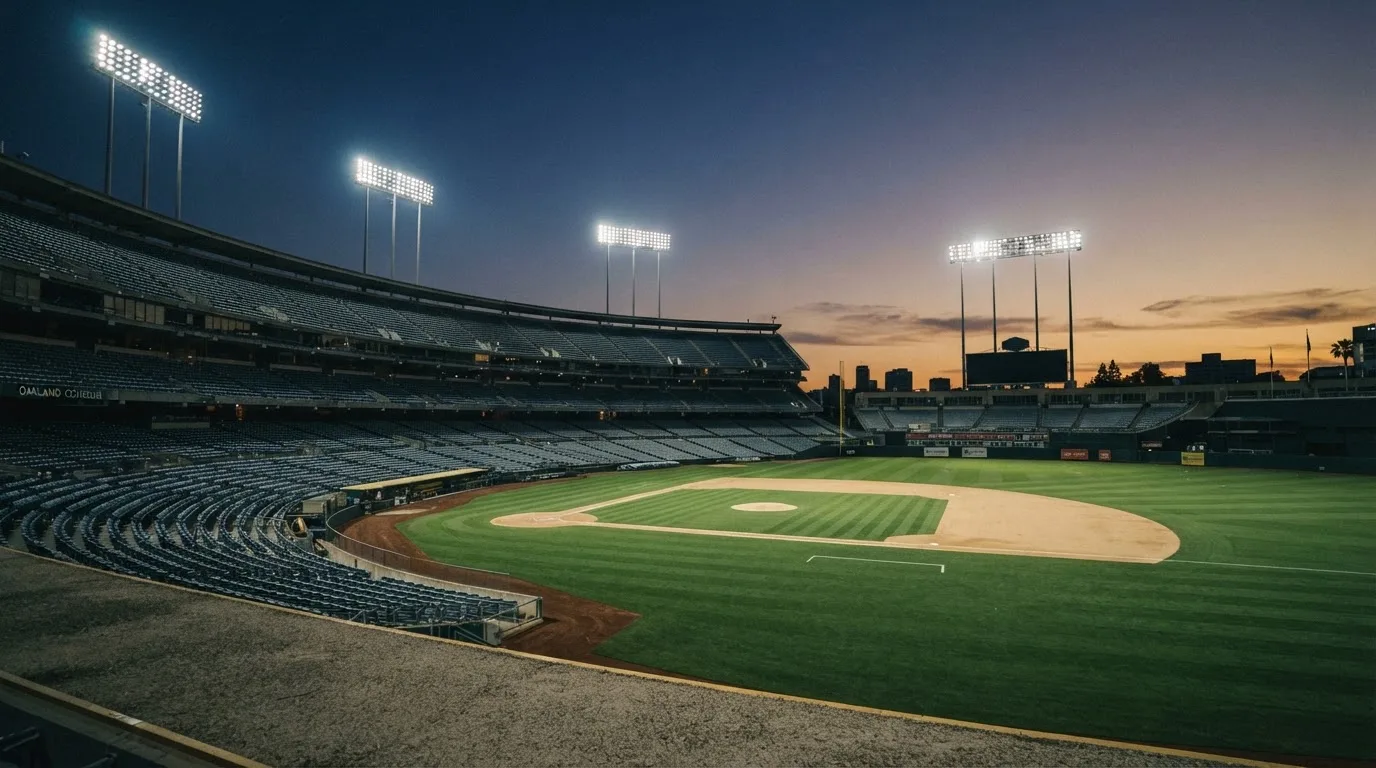 An empty football stadium with floodlight masts at dusk