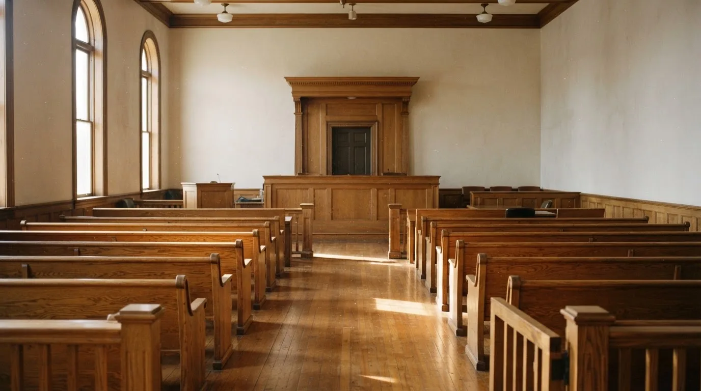 An empty courtroom with wooden benches in morning light