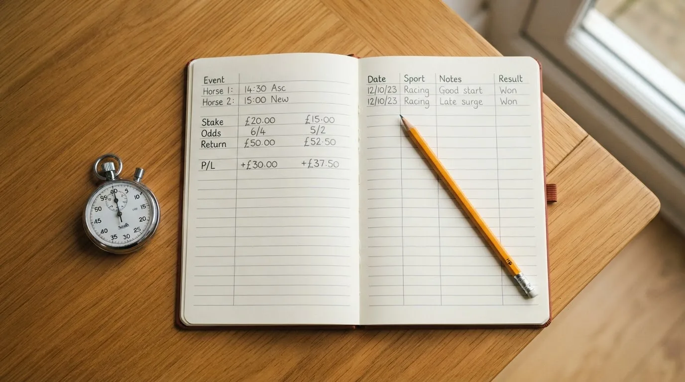 An open notebook with a pencil and a stopwatch on a wooden table