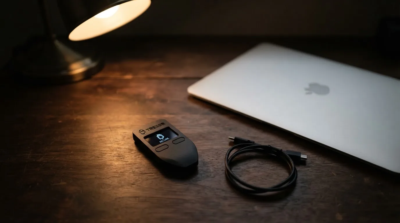 A hardware wallet and a closed laptop on a desk in dim light