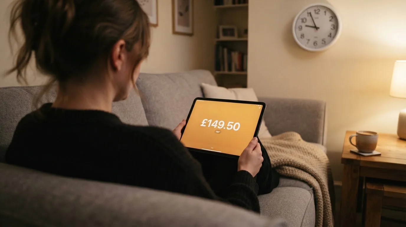 A person on a sofa looking thoughtfully at a tablet, a wall clock in the background