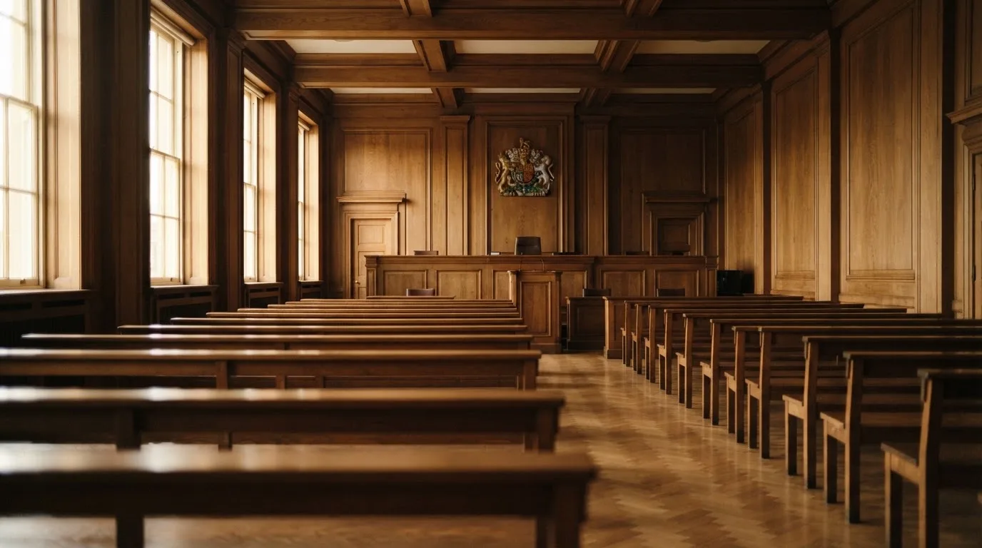 An empty courtroom with wooden benches in morning light