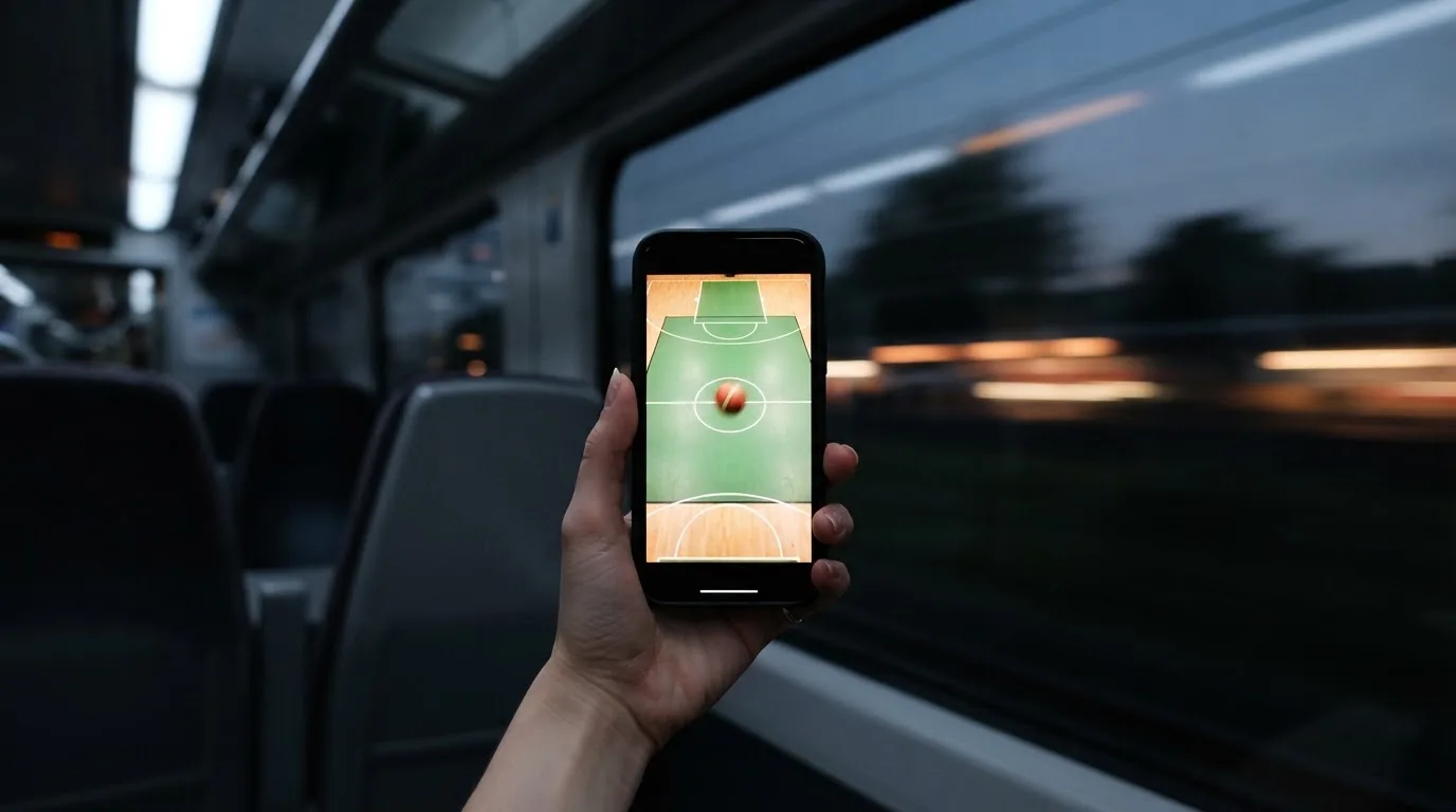 A hand holding a smartphone on a train in the evening, screen turned away