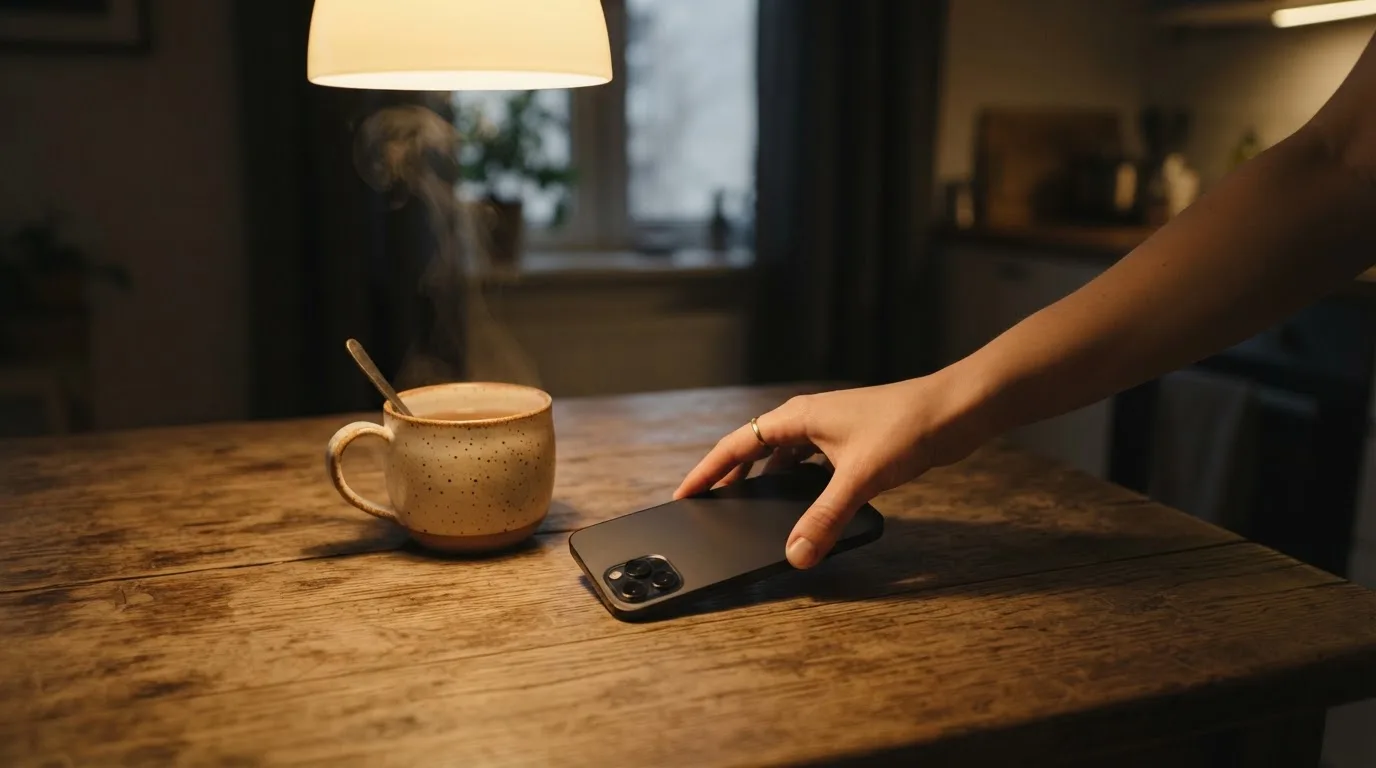 A hand setting a smartphone down beside a cup of tea on a kitchen table on a quiet evening