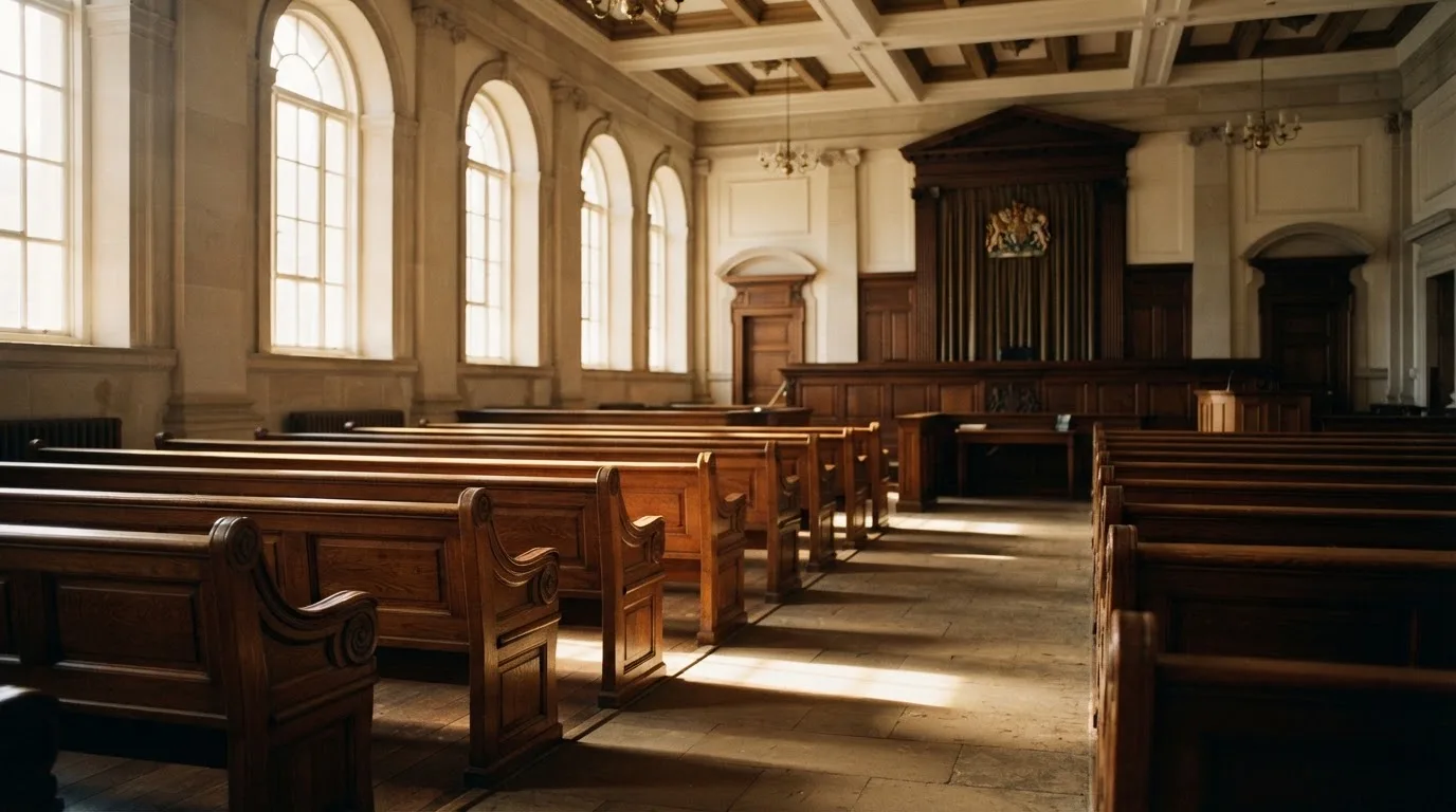 An empty courtroom with wooden benches in morning light