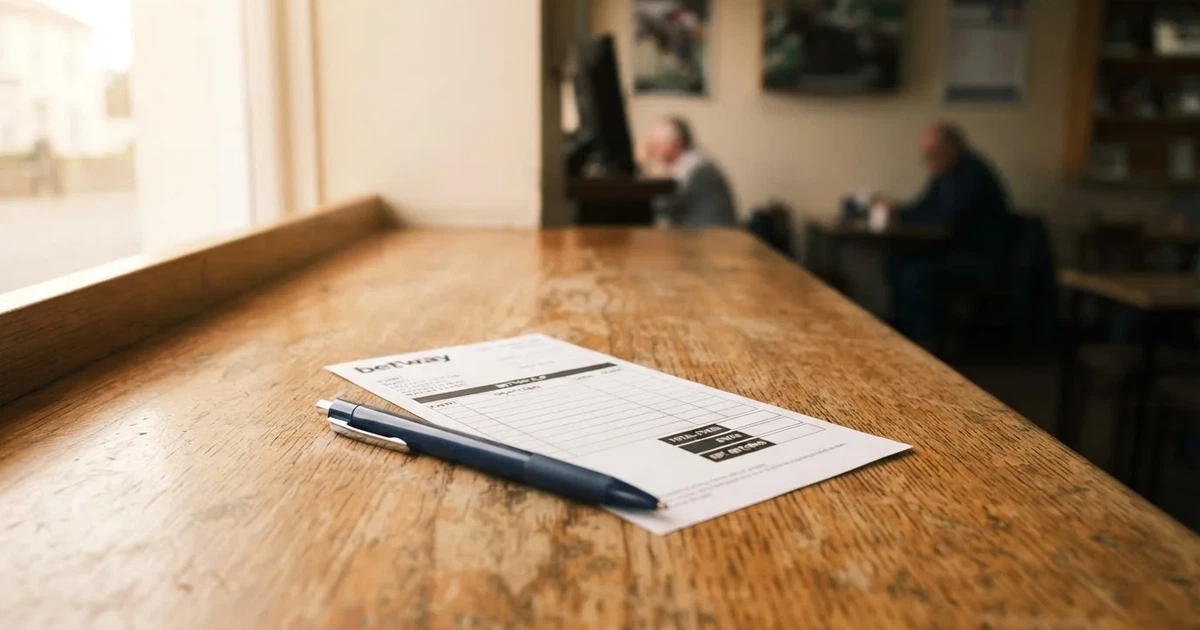 A blank paper betting slip beside a pen on a wooden counter