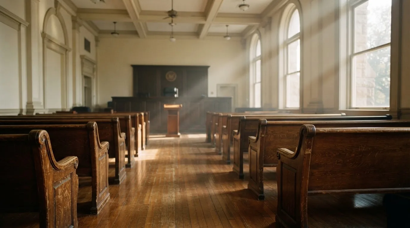 An empty courtroom with wooden benches in morning light