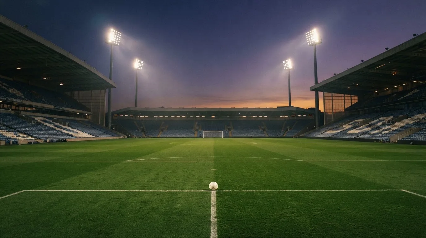 An empty football stadium with floodlight masts at dusk