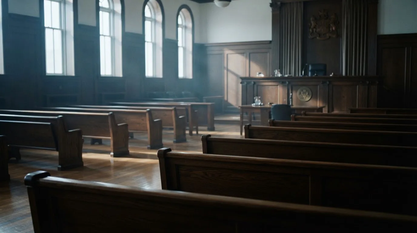 An empty courtroom with wooden benches in morning light