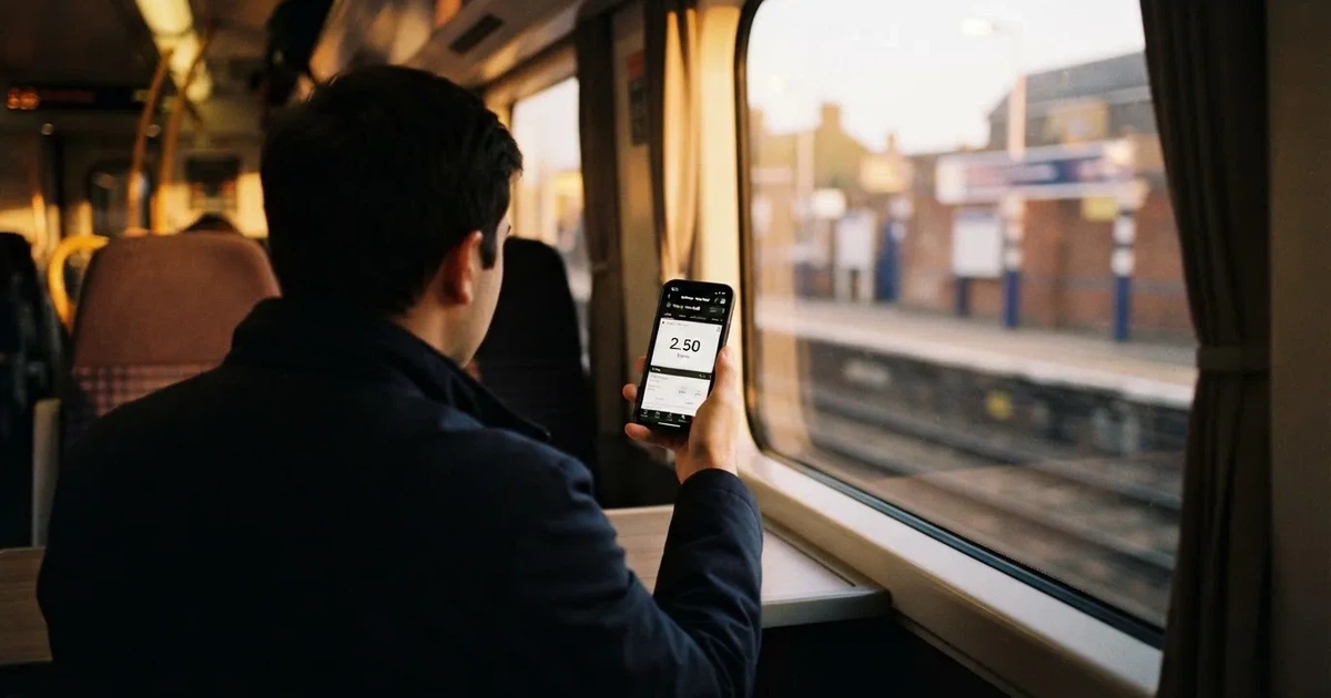A hand holding a smartphone on a train in the evening, screen turned away