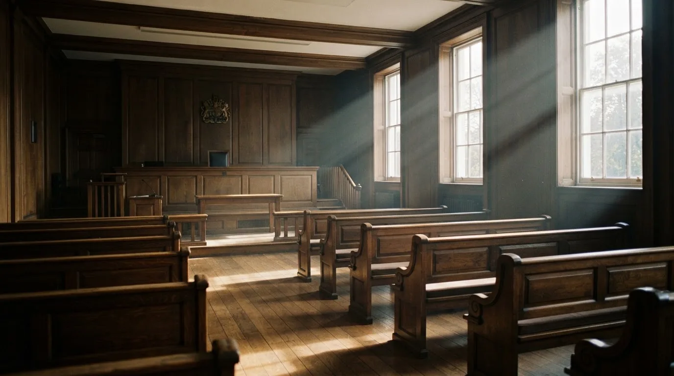 An empty courtroom with wooden benches in morning light