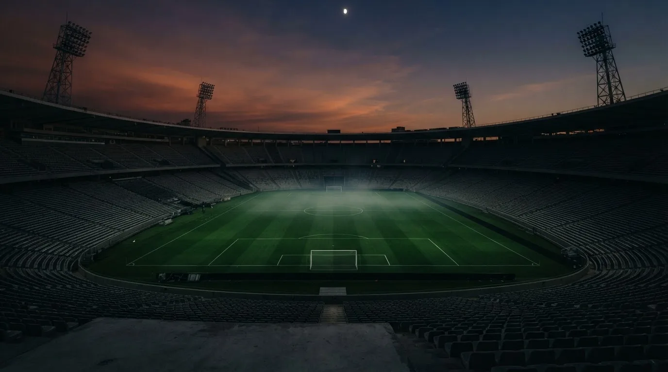 An empty football stadium with floodlight masts at dusk