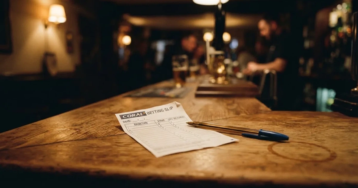 A blank paper betting slip beside a pen on a wooden counter