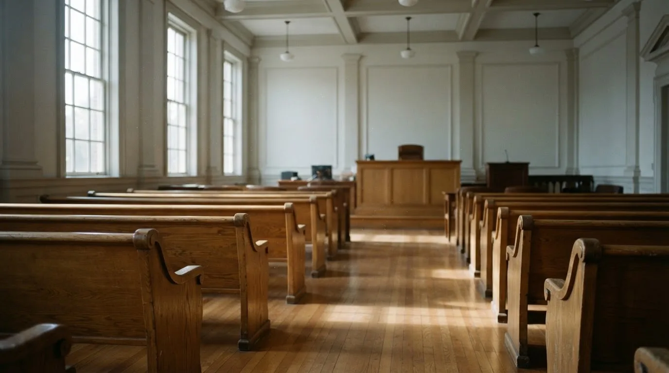 An empty courtroom with wooden benches in morning light