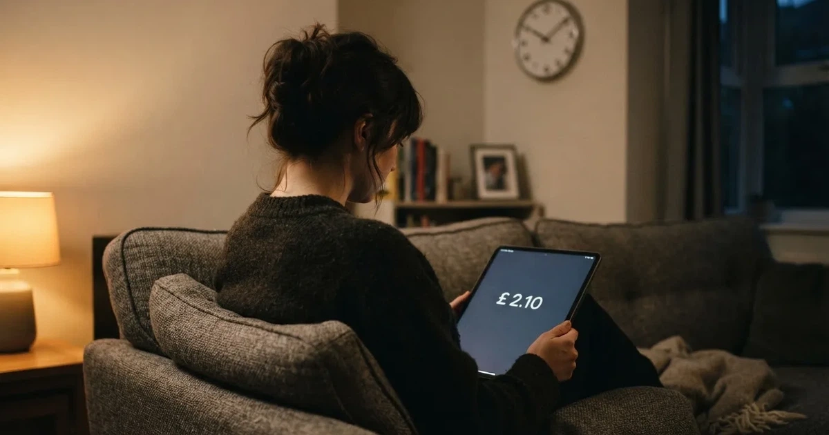 A person on a sofa looking thoughtfully at a tablet, a wall clock in the background