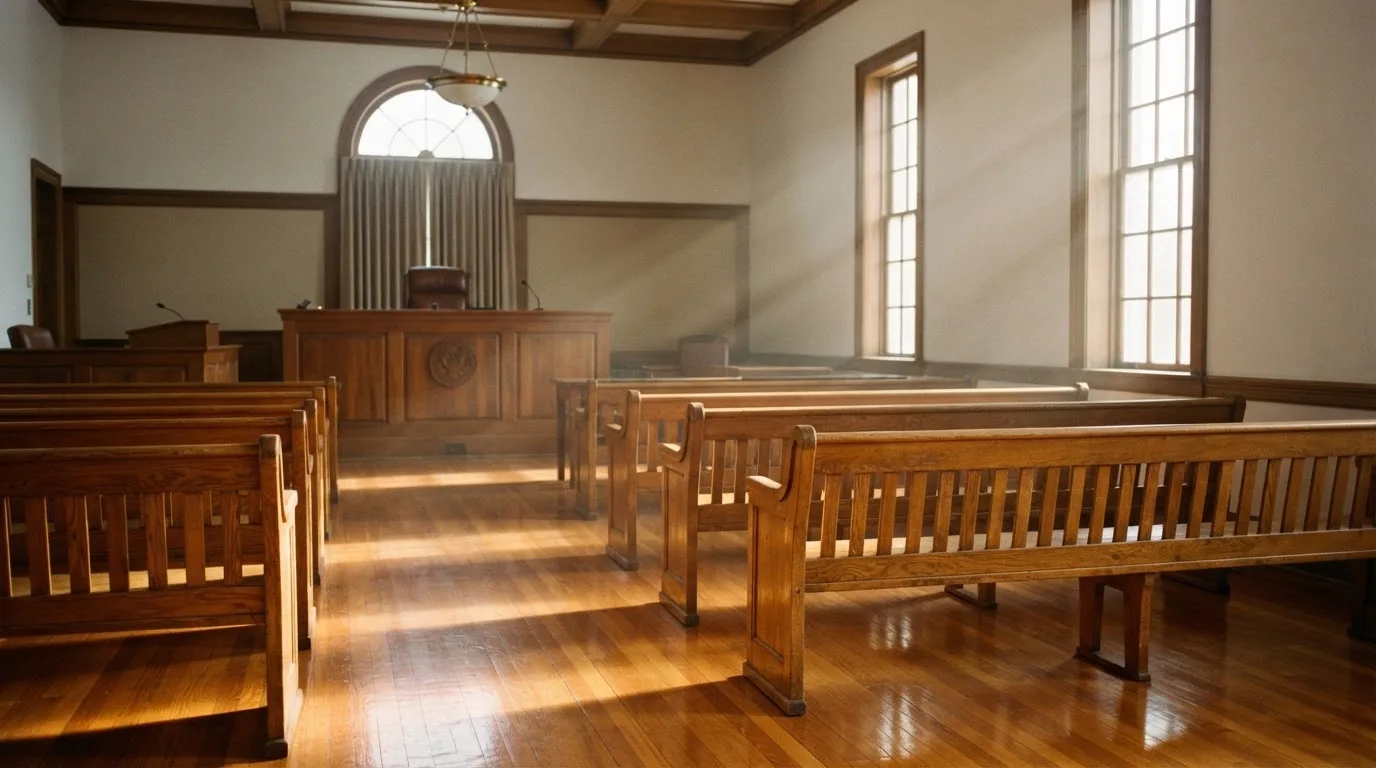 An empty courtroom with wooden benches in morning light