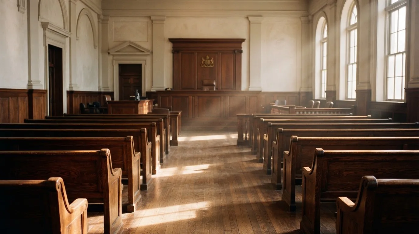 An empty courtroom with wooden benches in morning light