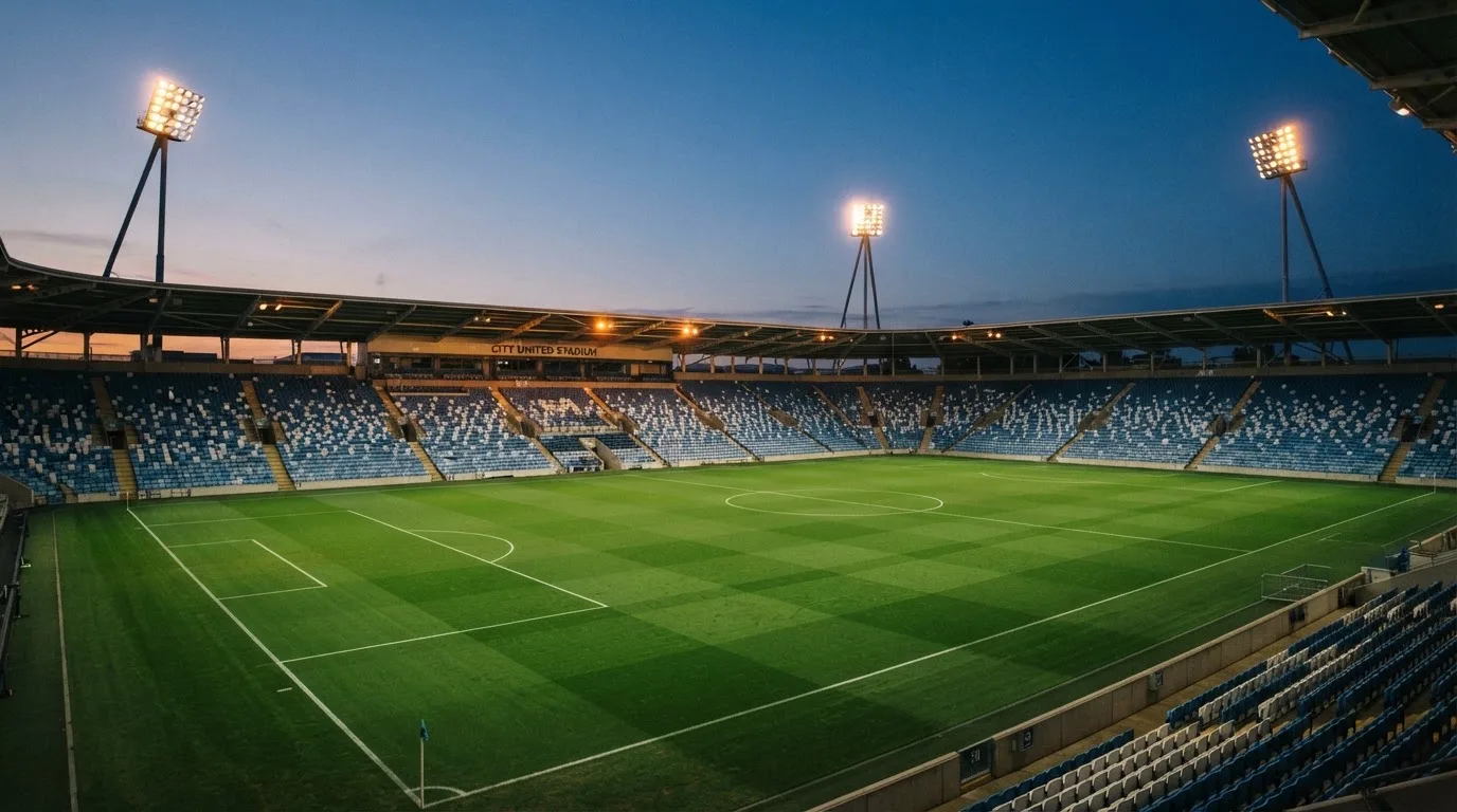 An empty football stadium with floodlight masts at dusk