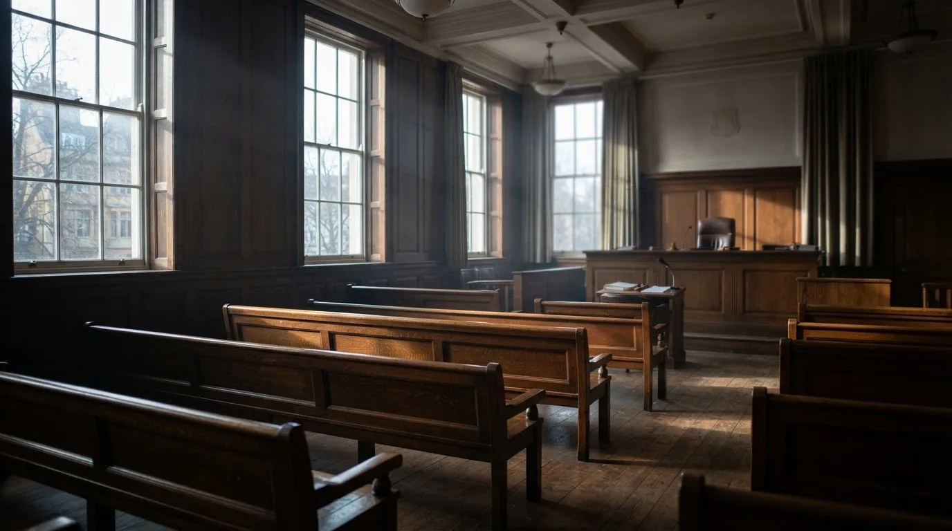 An empty courtroom with wooden benches in morning light