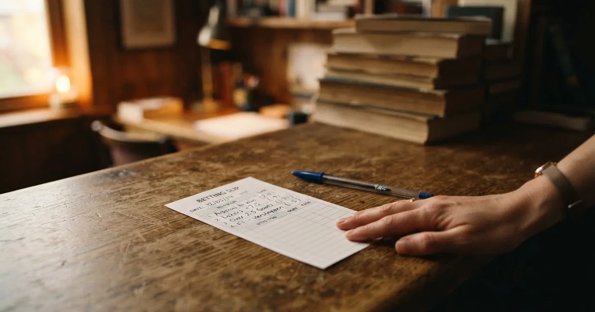 A blank paper betting slip beside a pen on a wooden counter