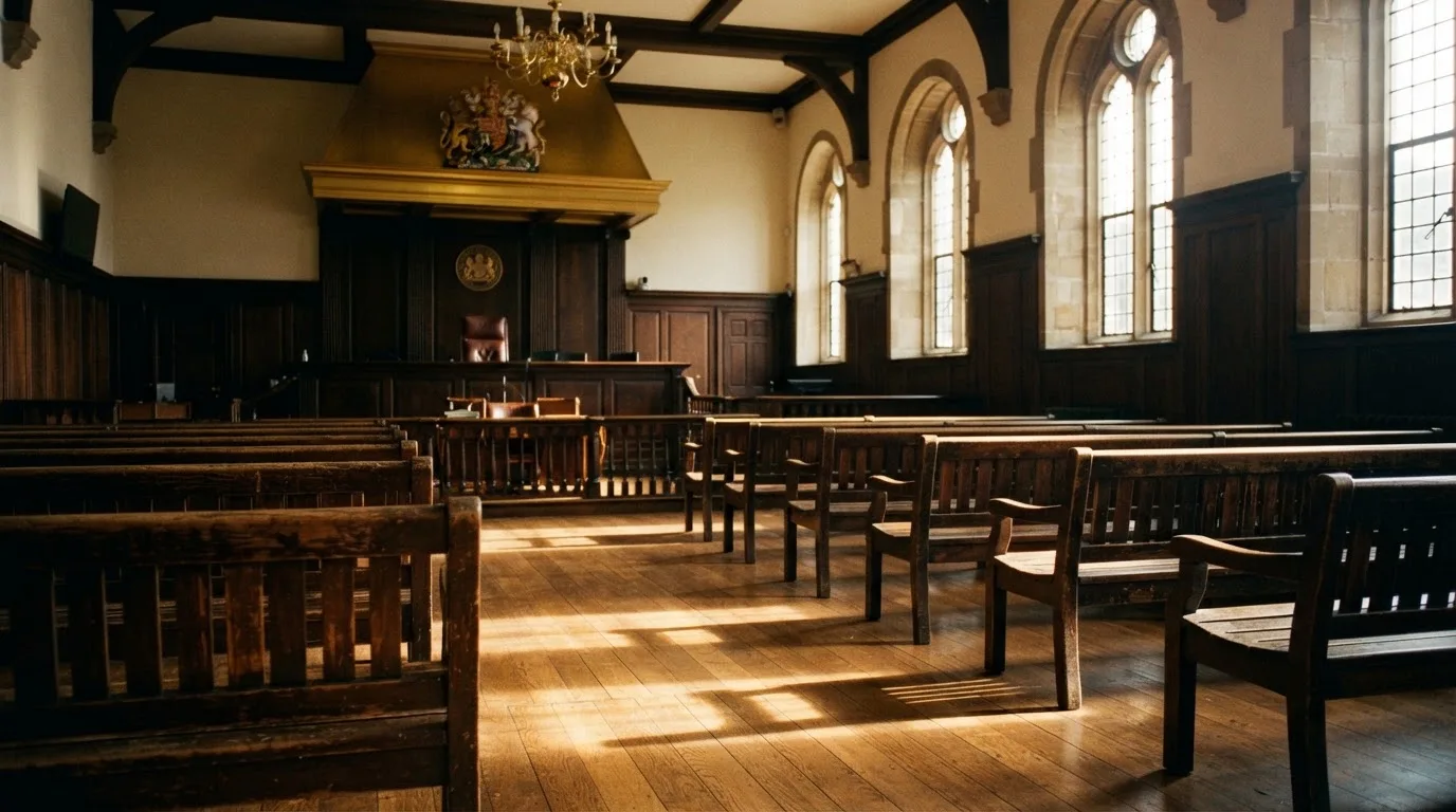 An empty courtroom with wooden benches in morning light