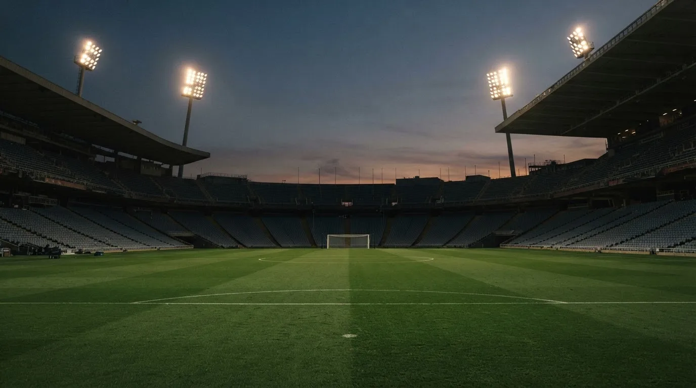 An empty football stadium with floodlight masts at dusk