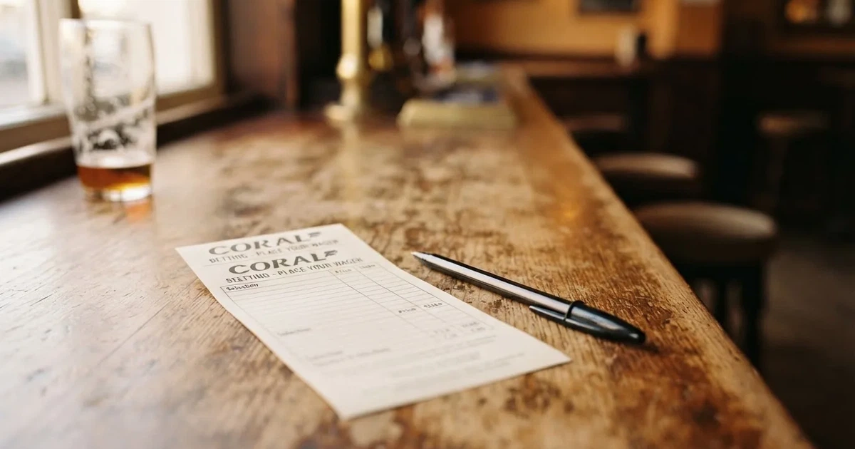 A blank paper betting slip beside a pen on a wooden counter
